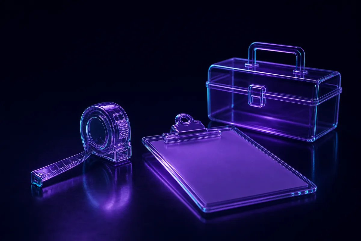 Ruban à mesurer en verre, clipboard en verre et boîte à outils en verre sur surface sombre.