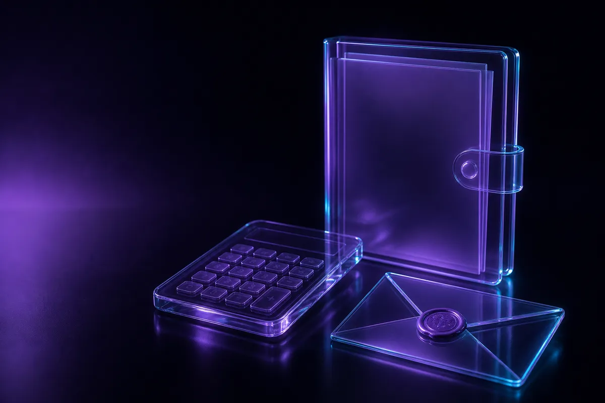 Dossier en verre, calculatrice et enveloppe cachetée sur une surface sombre violette.