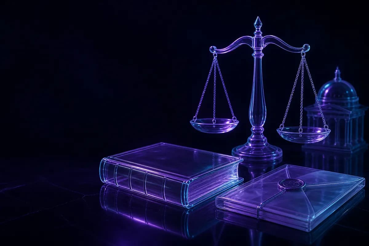 Livre de droit, balance et dossier scellé en verre sur une surface sombre violette.