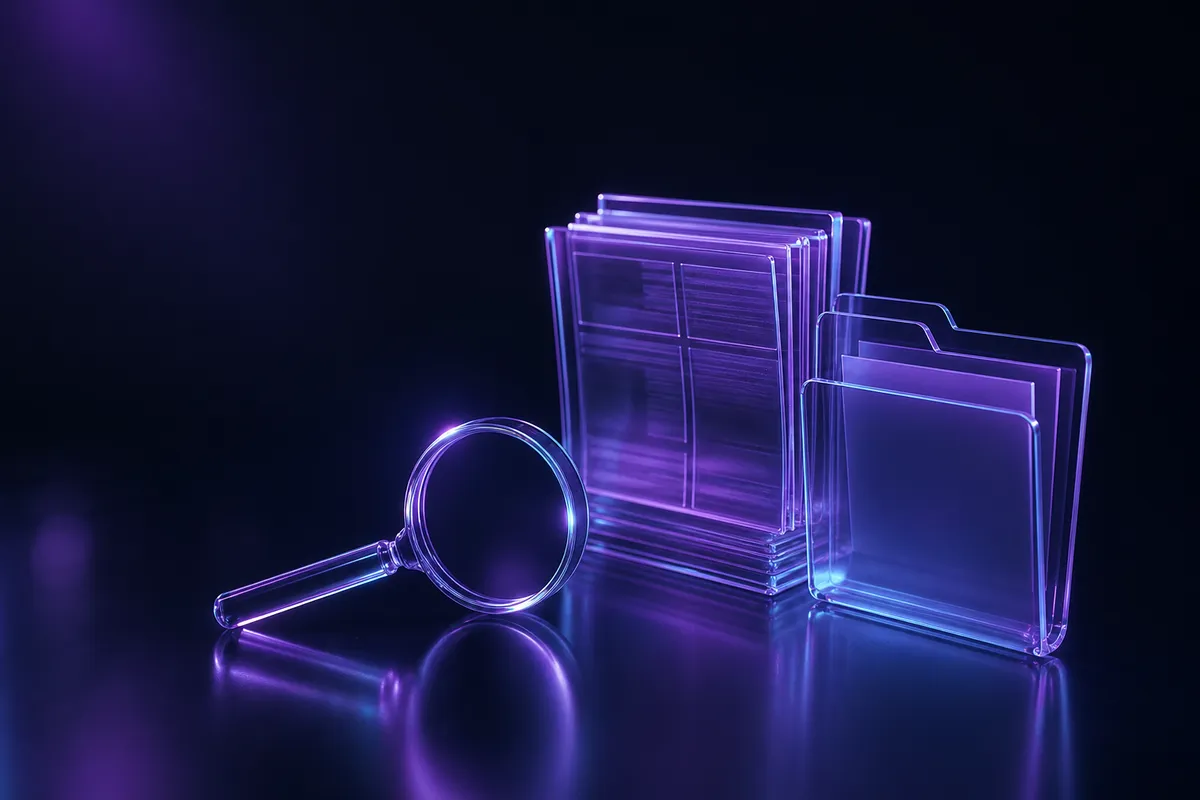 Loupe en verre, pile de journaux et dossier en verre sur une surface sombre violette.
